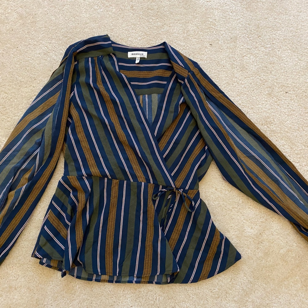 MONTEAU striped blouse with open cut out sleeves